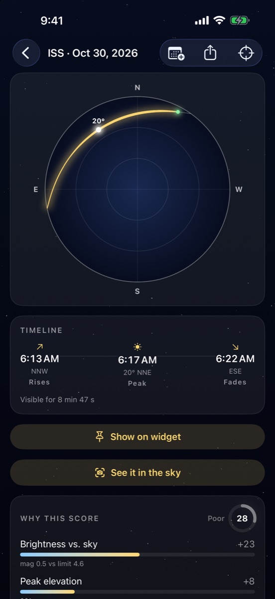 Pass detail with the sky path, timeline and why-this-score breakdown