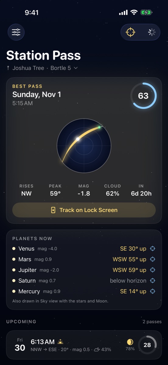 Station Pass home screen showing the best upcoming ISS pass with its score, path and cloud forecast