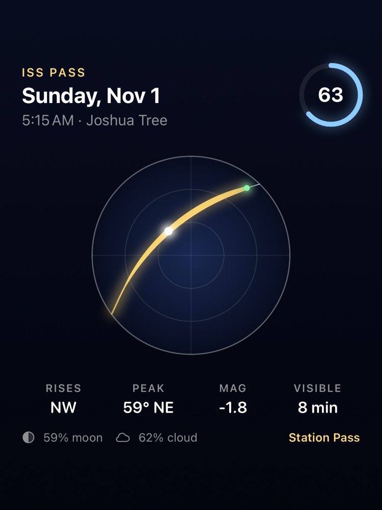 Shareable pass card showing an ISS pass over Joshua Tree